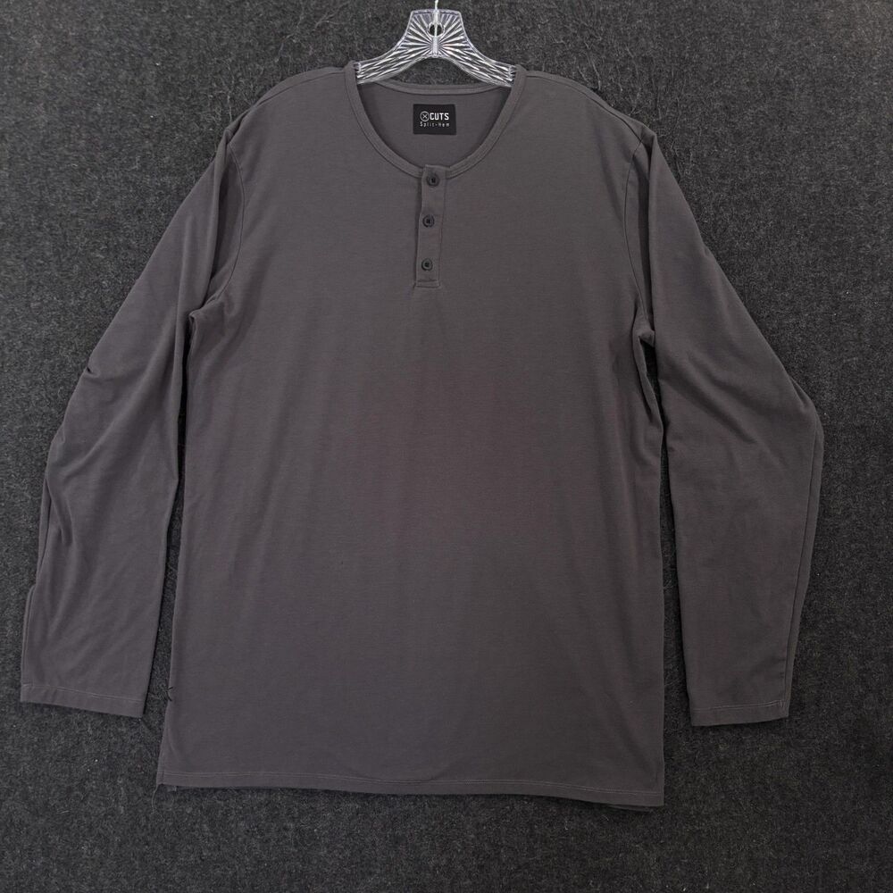 Cuts Split-Hem Henley Shirt Men's XXL Gray Long Sleeve Soft Stretch Tee